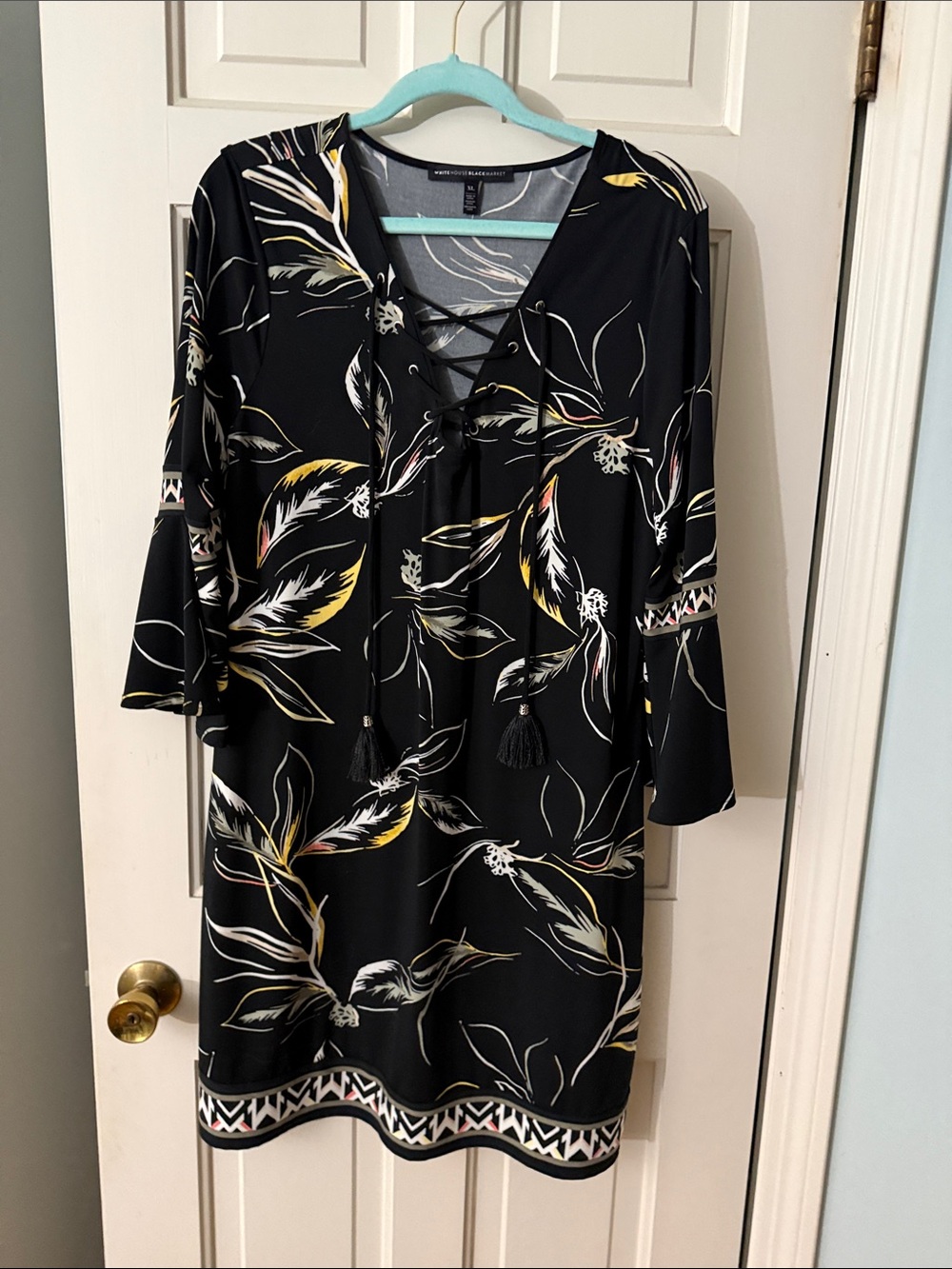 White House Black Market Black Floral Midi Dress with Tassel Tie